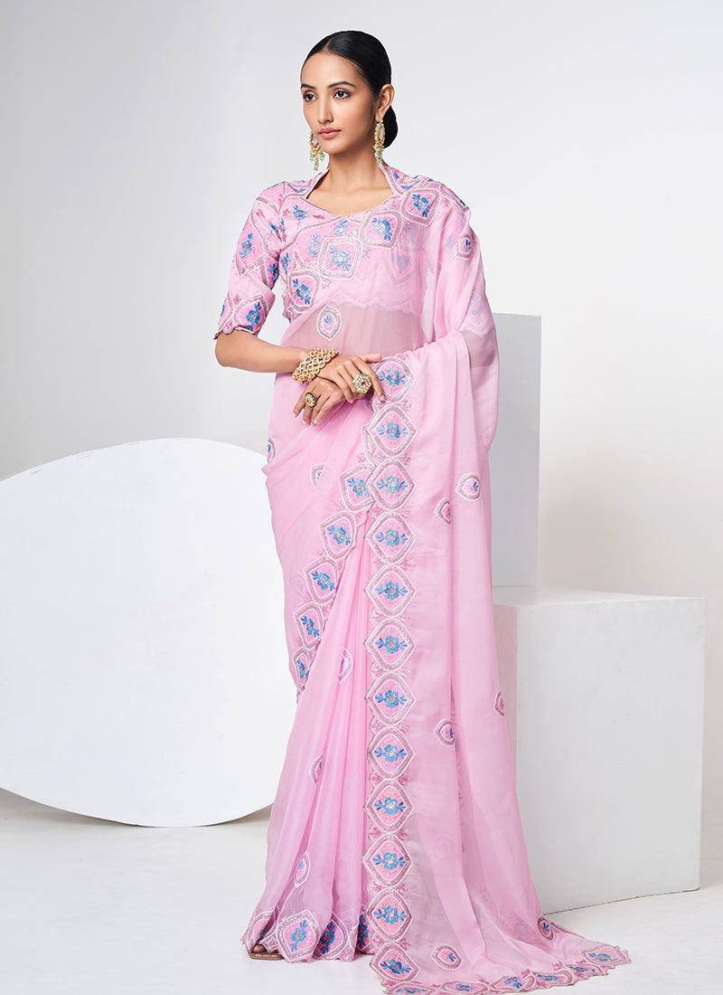 Queen Anne Neckline Baby Pink Organza Saree Choice For Sale