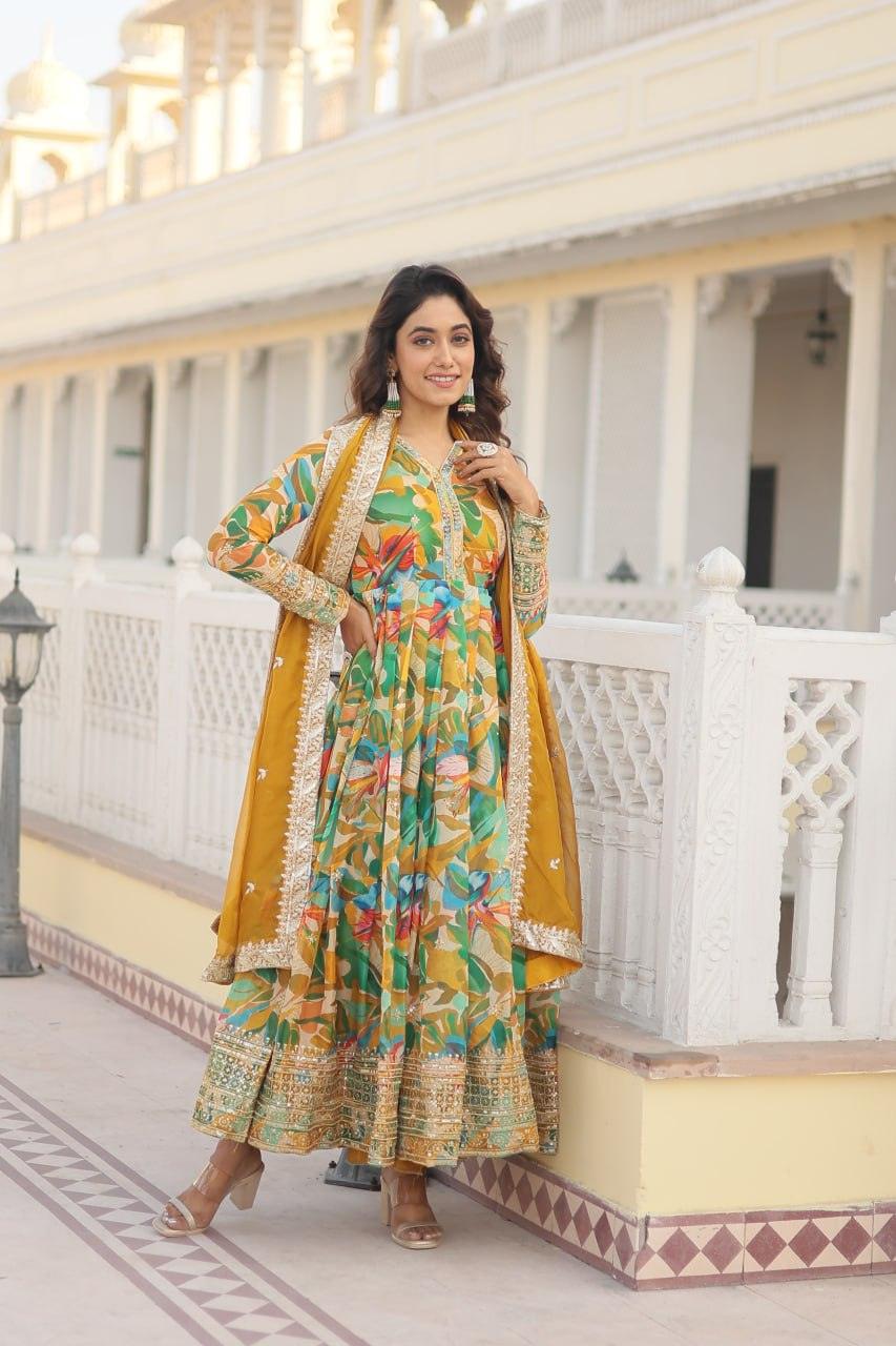 Floral Digital Printed Zari Sequins Worked Gown With Dupatta Good Selling Online