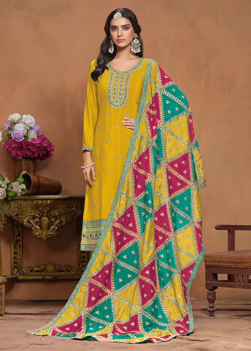 Glowing and Dazzling Chinon Silk Yellow Salwar Suit For Sale Wholesale Pice