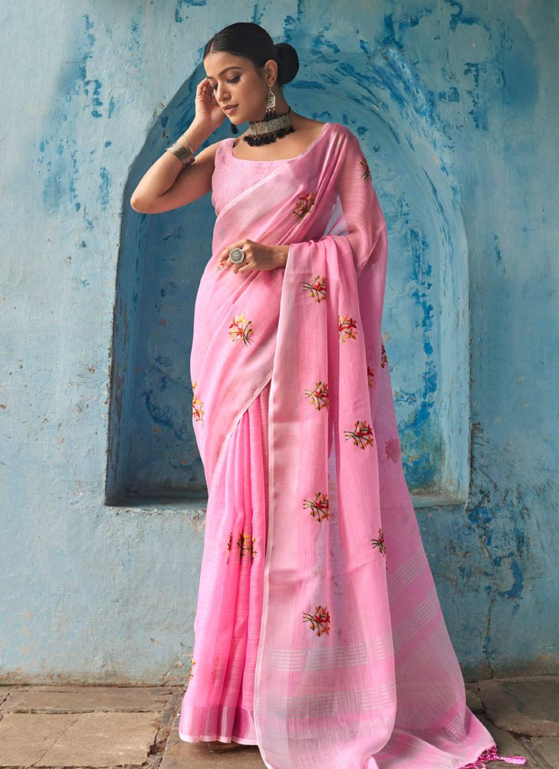 Pink Linen Saree With Sleeveless Blouse 2025 Unisex Online