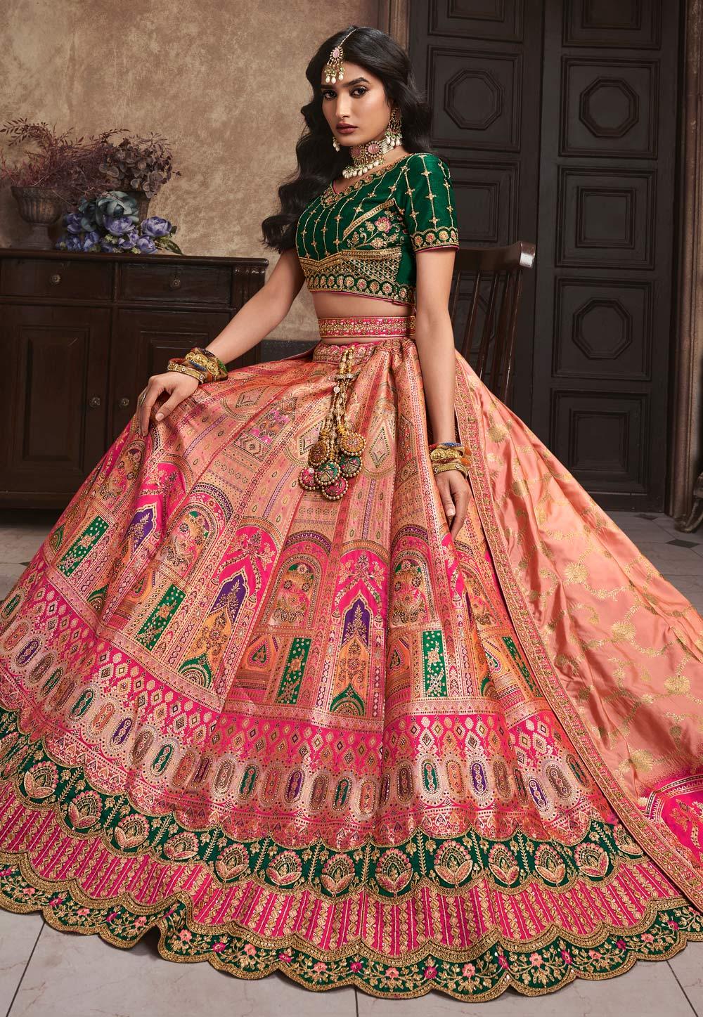 Peach Green Banarasi Silk Wedding Lehenga Choli Set Sale Online Online