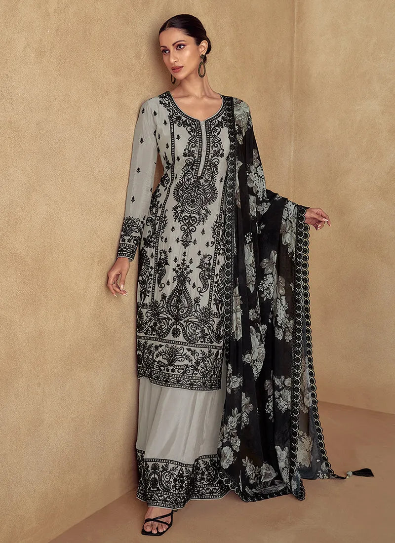 Dignified Deep Grey Thread Embroidered Traditional Palazzo Suit Discounts Cheap Pice