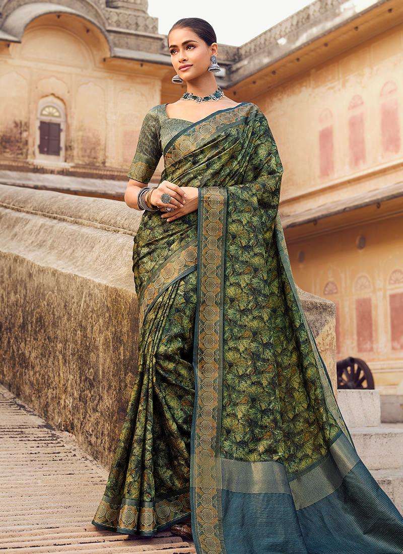 Digital Print Dark Green Textured Silk Saree Buy Cheap Limited Edition