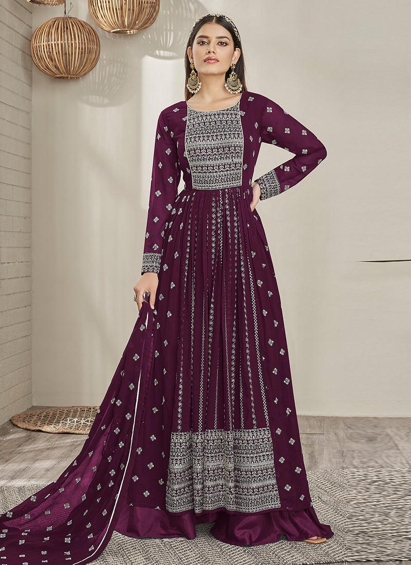 Embroidered Wine Straight Suit With Palazzo Cheap Sale Store