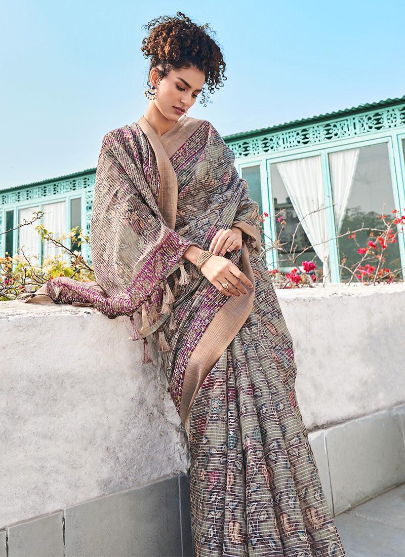 Linen Fabric Beige Printed Floral Saree Buy Cheap Best Wholesale