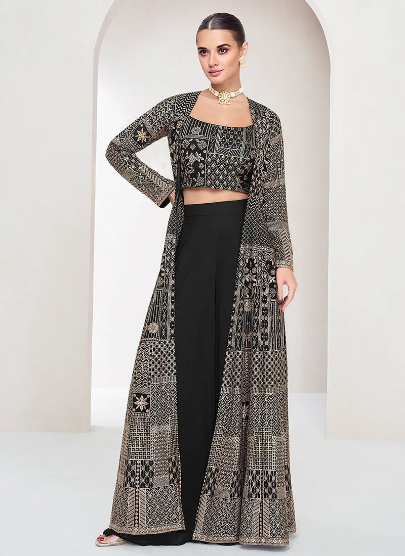 Eloquent Black Embroidered Jacket Style Palazzo Suit Sale 2025 New