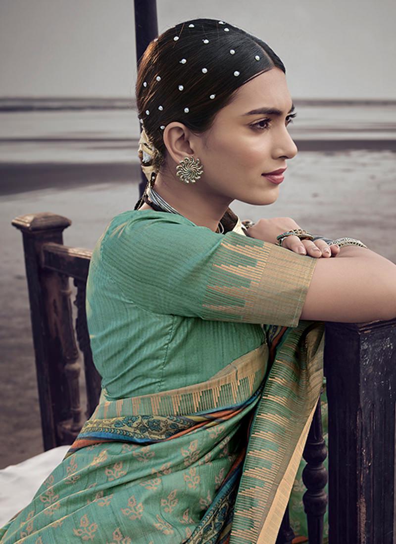 Sea Green Color Silk Fabric Printed Saree Buy Cheap With Paypal