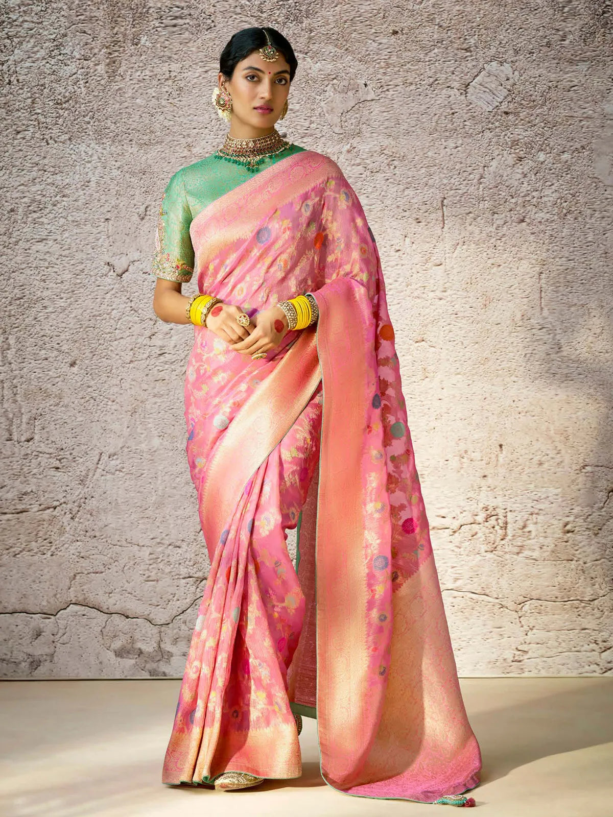 Dignified Dusty Pink Banarasi Silk Saree Floral Zari Embroidered Discount Classic