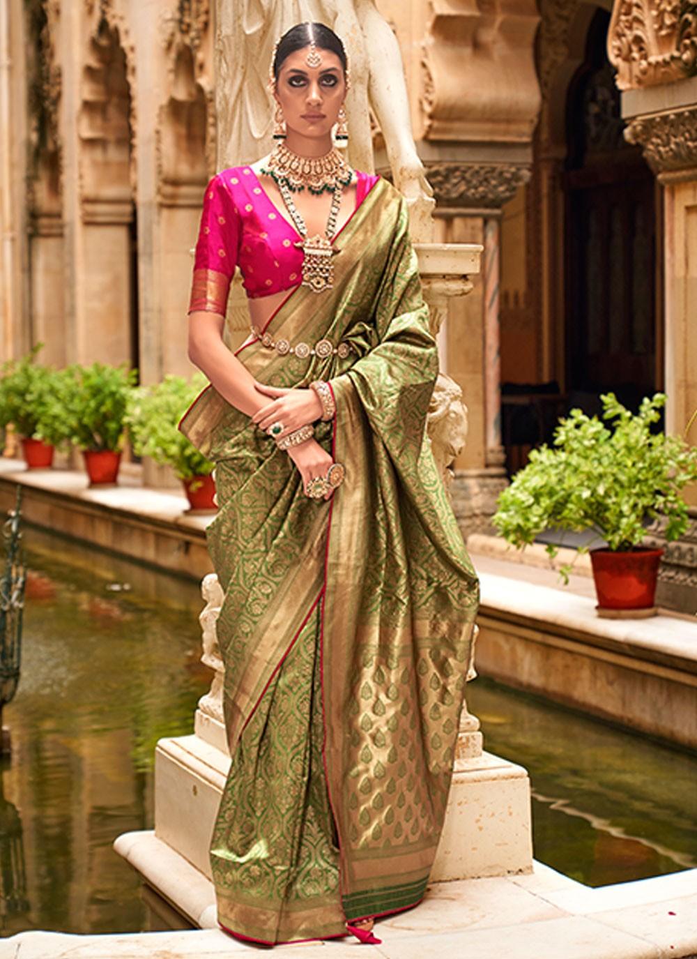 Mehendi Green Banarasi Silk Jacquard Weaving Designer Saree Cheap Online Store