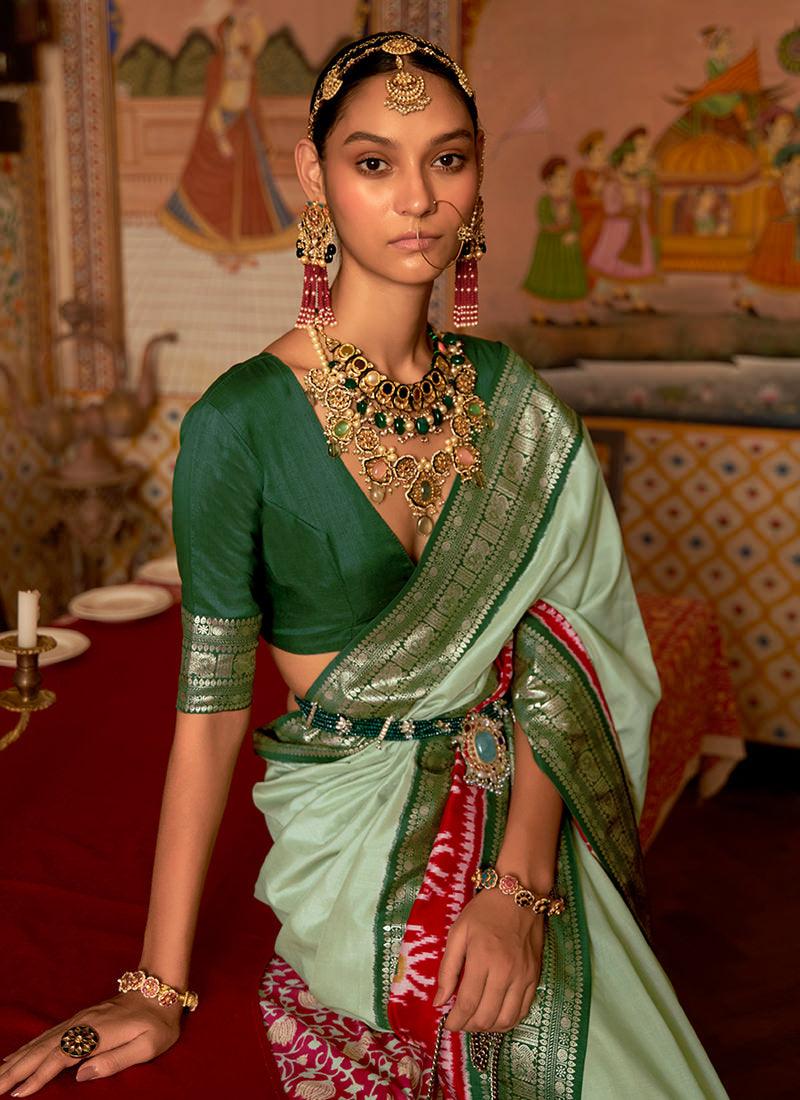 Smooth Silk Fabric Pista Green Patola Saree Clearance Fast Delivery