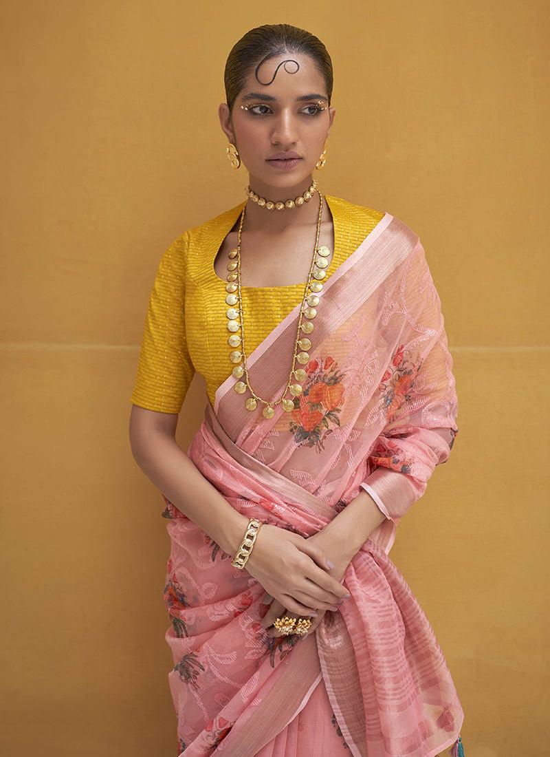 Baby Pink U-Neckline Floral Saree Online Online Original