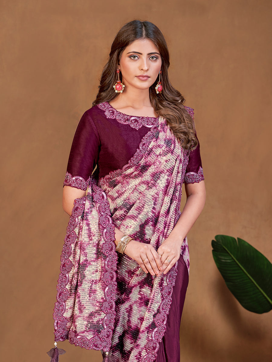 Captivating Wine Satin Crepe Silk Embroidered Ready To Wear Saree Best Seller