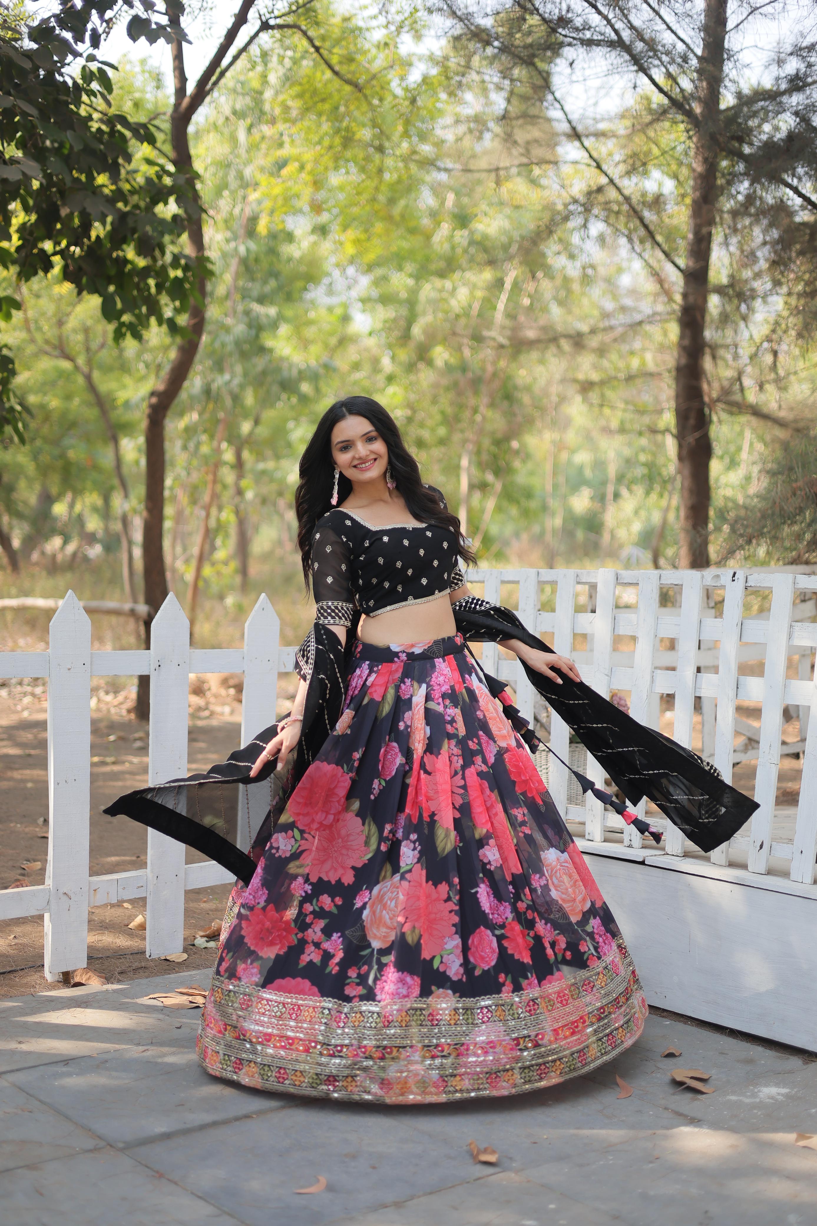 Black Floral Digital Printed Sequins Embroidered Lehenga Choli Free Shipping Get To Buy