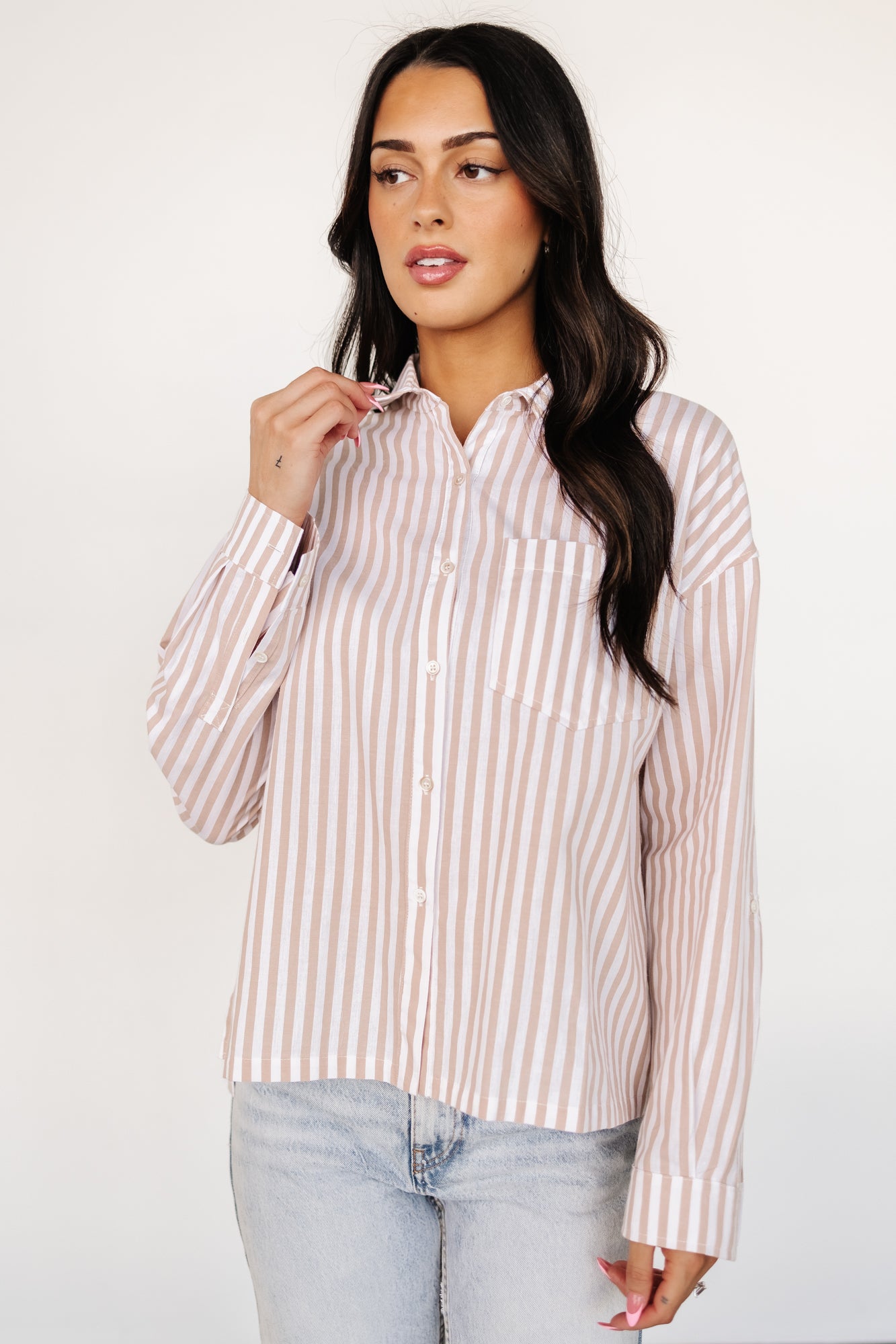 Shasta Button Up Top | Beige Stripe View Cheap Online