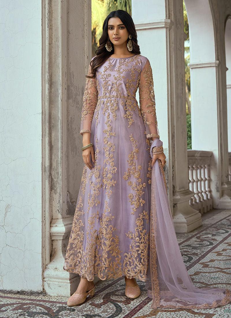 Soft Net Fabric Resham Work Purple Anarkali Free Shipping Manchester