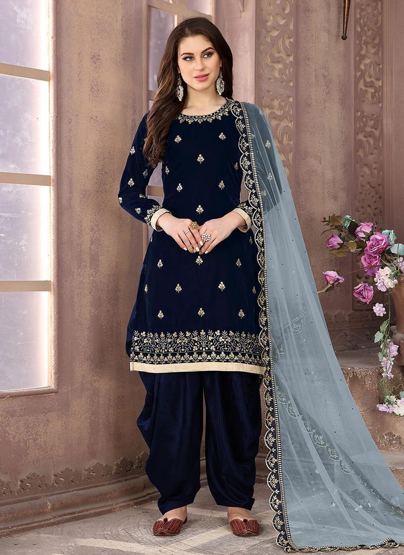 Navy Blue Velvet Embroidered Patiala Suit Countdown Package Cheap Online