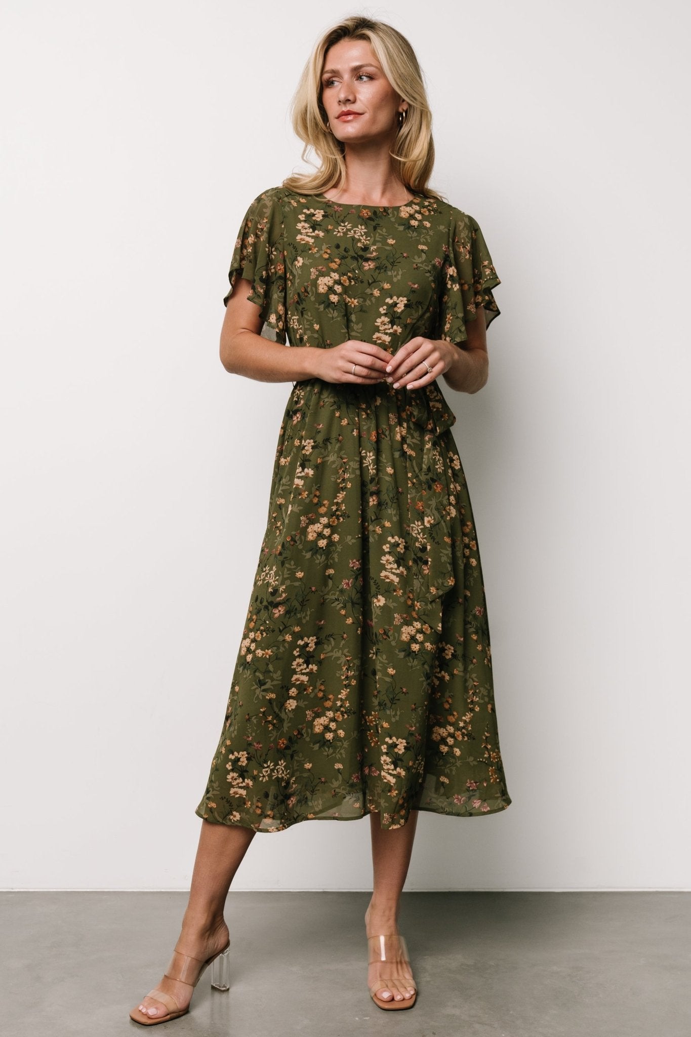 Laurel Midi Dress | Olive Floral For Sale Wholesale Pice