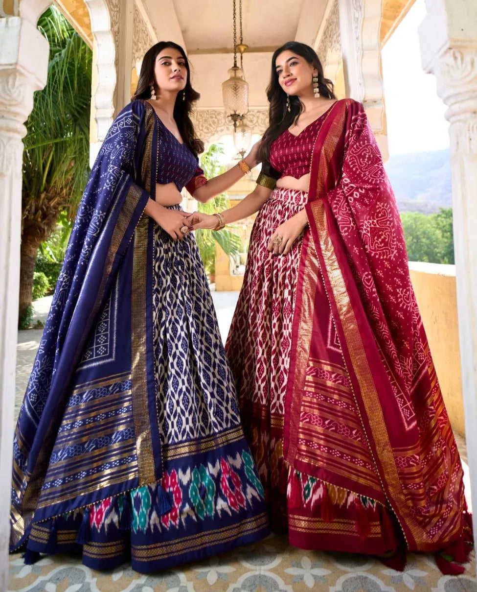 Colourful Tussar Silk Printed Foil Worked Lehenga Choli Set Discount Wiki