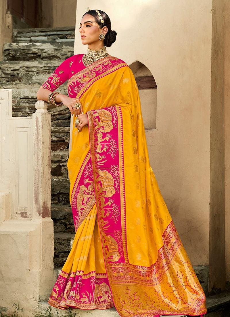 Yellow Color Silk Fabric Silk Weave Saree With Pink Color Blouse 100% Authentic Cheap Online