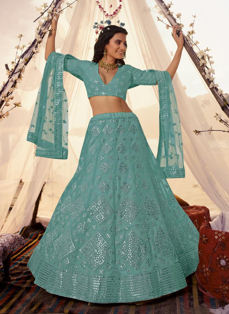 Sky Blue Foil Mirror Resham Lehenga Choli Set Buy Cheap Countdown Package