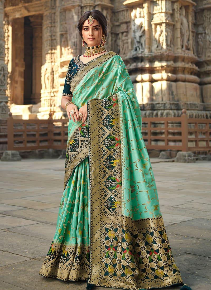 Beautiful Sea Green Color Silk Base Saree With Heavy Zari Work Blouse Online Online Cheap Pice