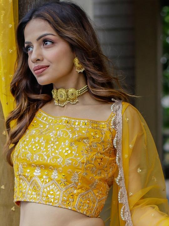 Yellow Silk Embroidered and Printed lehenga choli For Sale Online