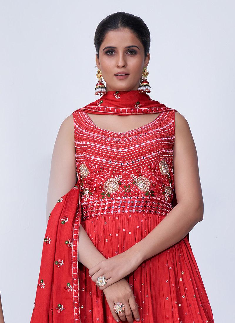 Thread With Mirror Work Red Palazzo Suit The Cheapest For Sale