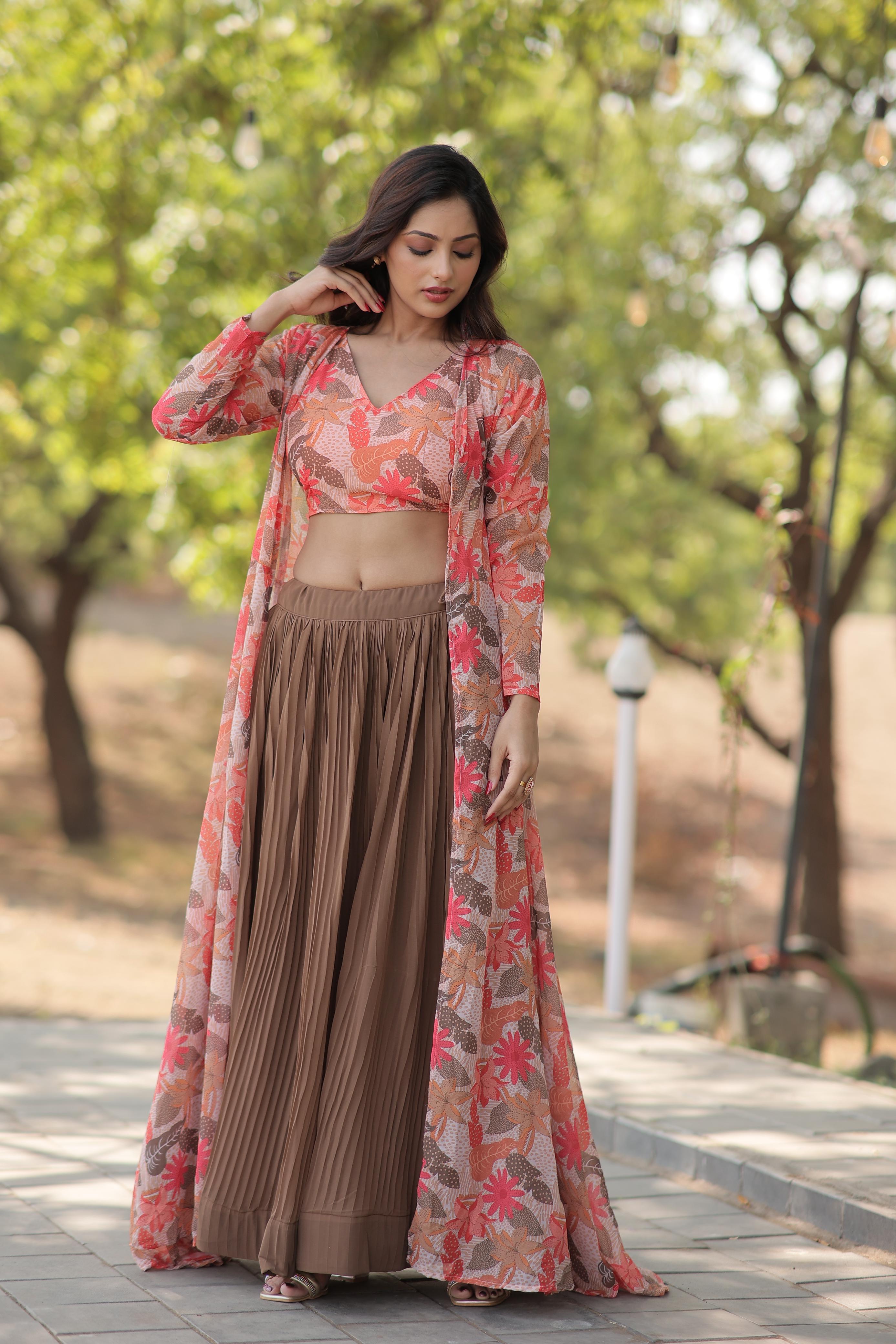 Stylish Crush Pleated Lehenga Choli Set With Floral Shrug Sale Low Shipping Fee