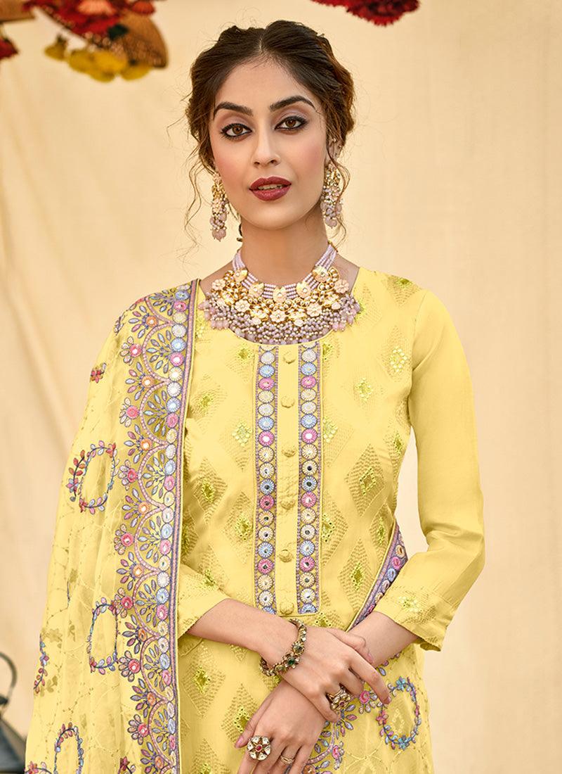 Yellow Color Organza Fabric Palazzo Salwar Suit With Sequins Work Buy Cheap Cheap