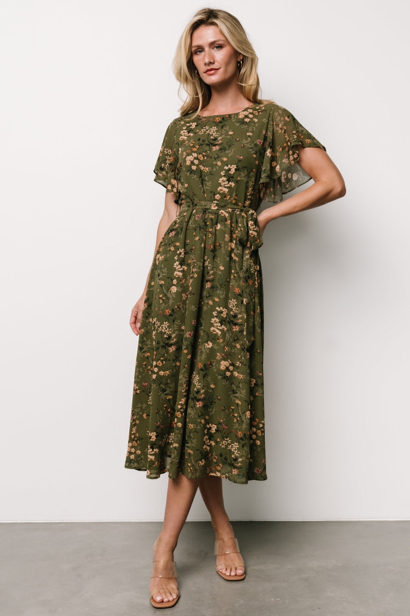 Laurel Midi Dress | Olive Floral For Sale Wholesale Pice