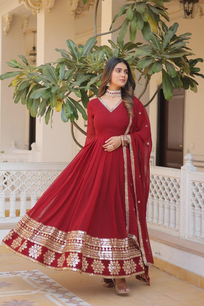 Maroon Georgette Embroidered Gown with dupatta Nicekicks