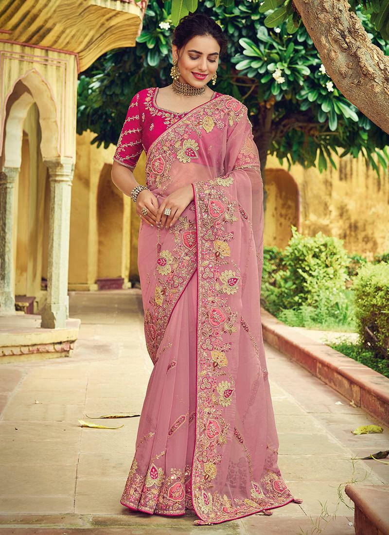 Pink Embroidered Organza Saree Discount Many Kinds Of