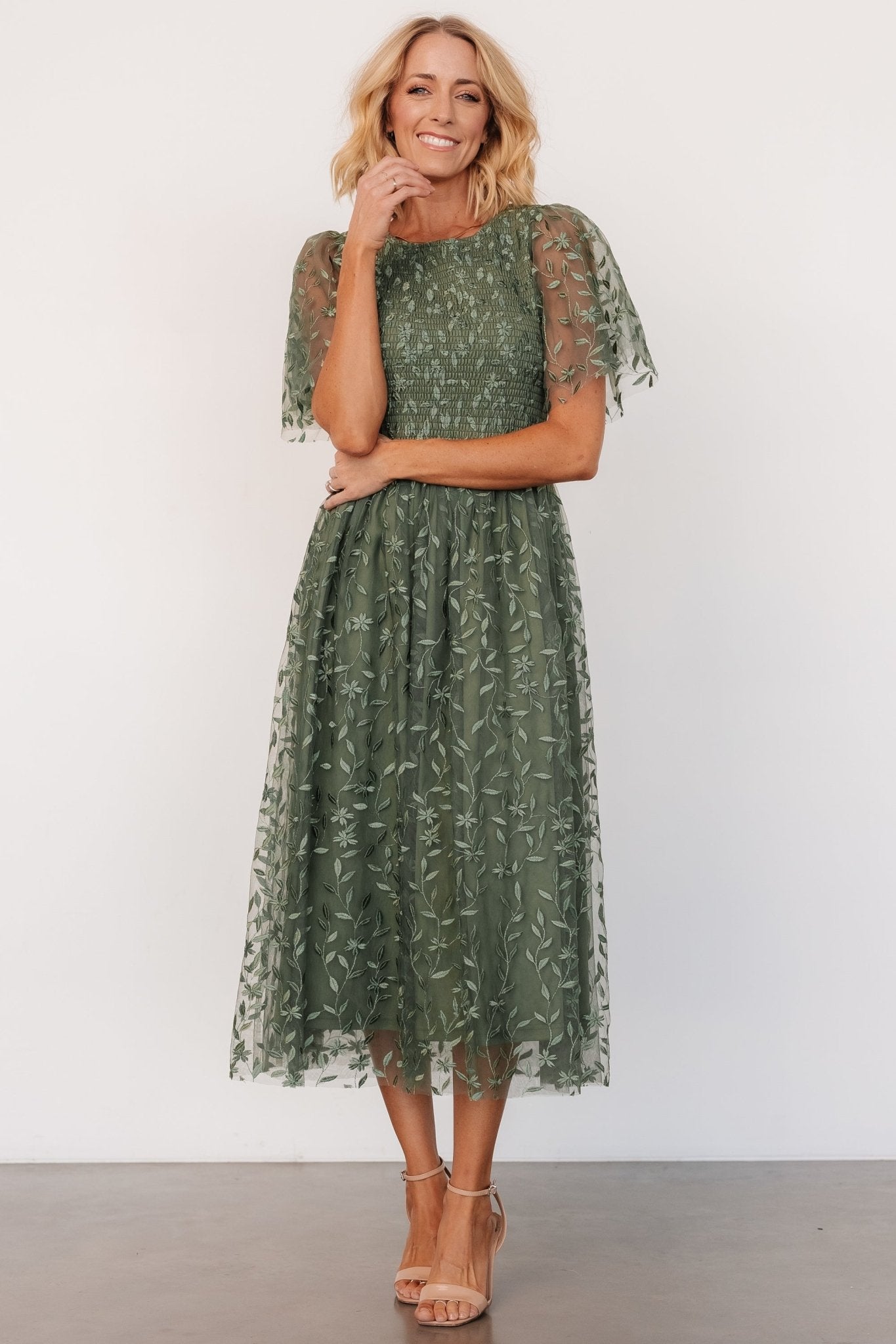 Kendra Embroidered Dress | Dark Sage Discount 2025 New