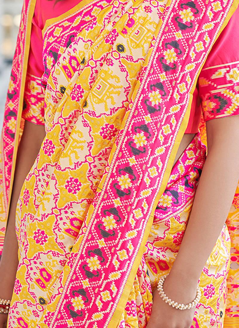 Yellow Patola Print Silk Weaving Saree Low Cost Online