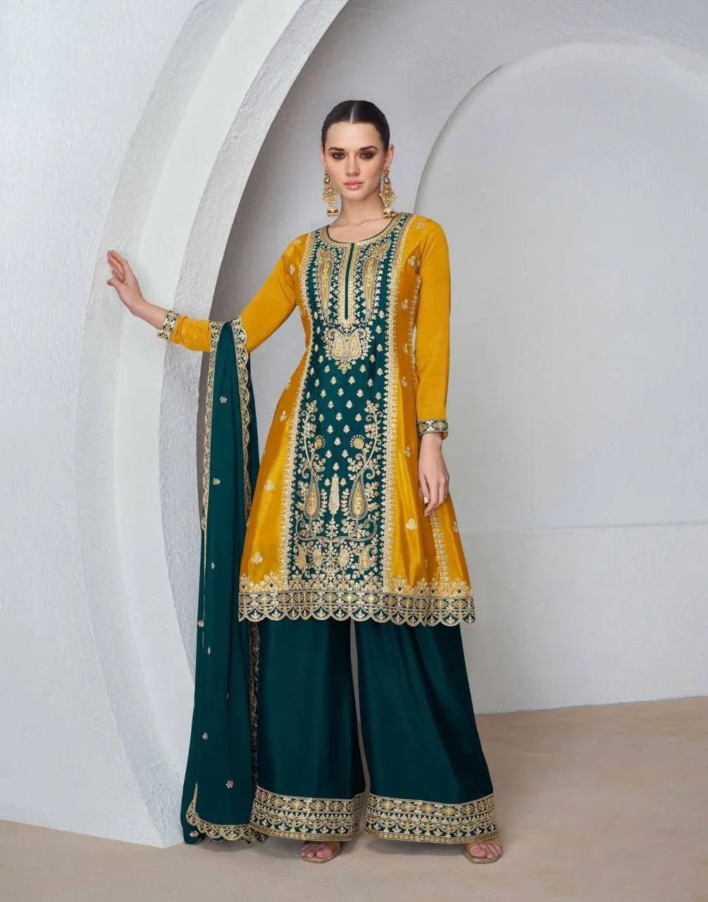 Glowing Yellow and Teal Blue Chinon Embroidered Sharara Suit Cheap Sale Online