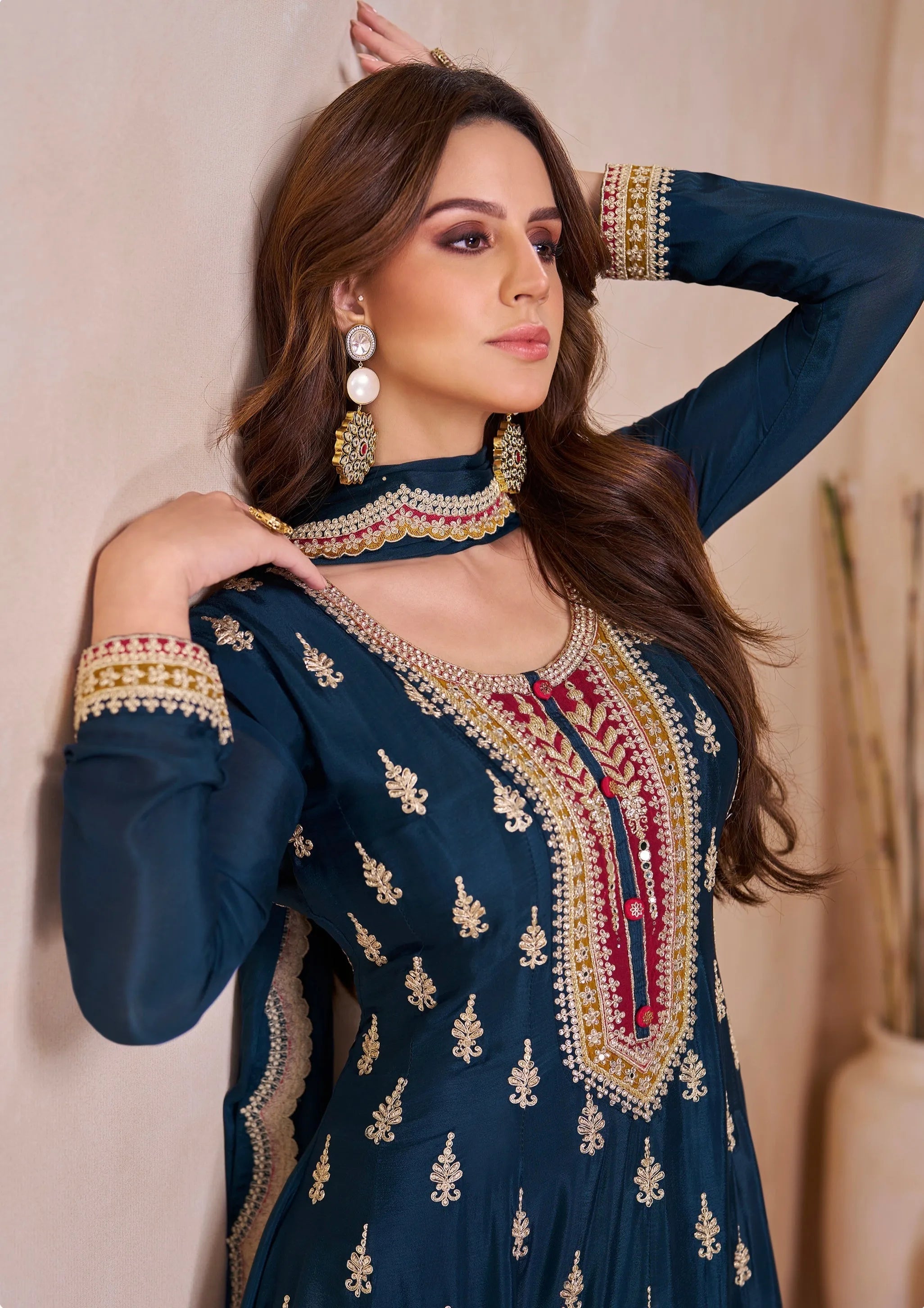 Blazing Navy Blue Embroidered Chinon Palazzo Set Discount Latest