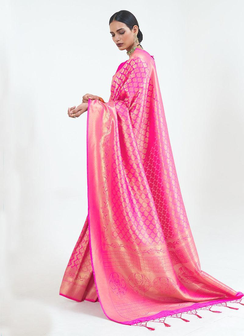 Shining Look Pink Color Silk Fabric Embroidered Saree With Silk Weave Cheap Sale View