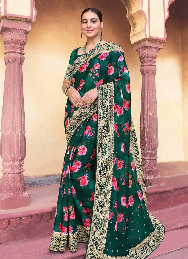 Embroidered Dark Green Organza Floral Saree Sale Fast Delivery