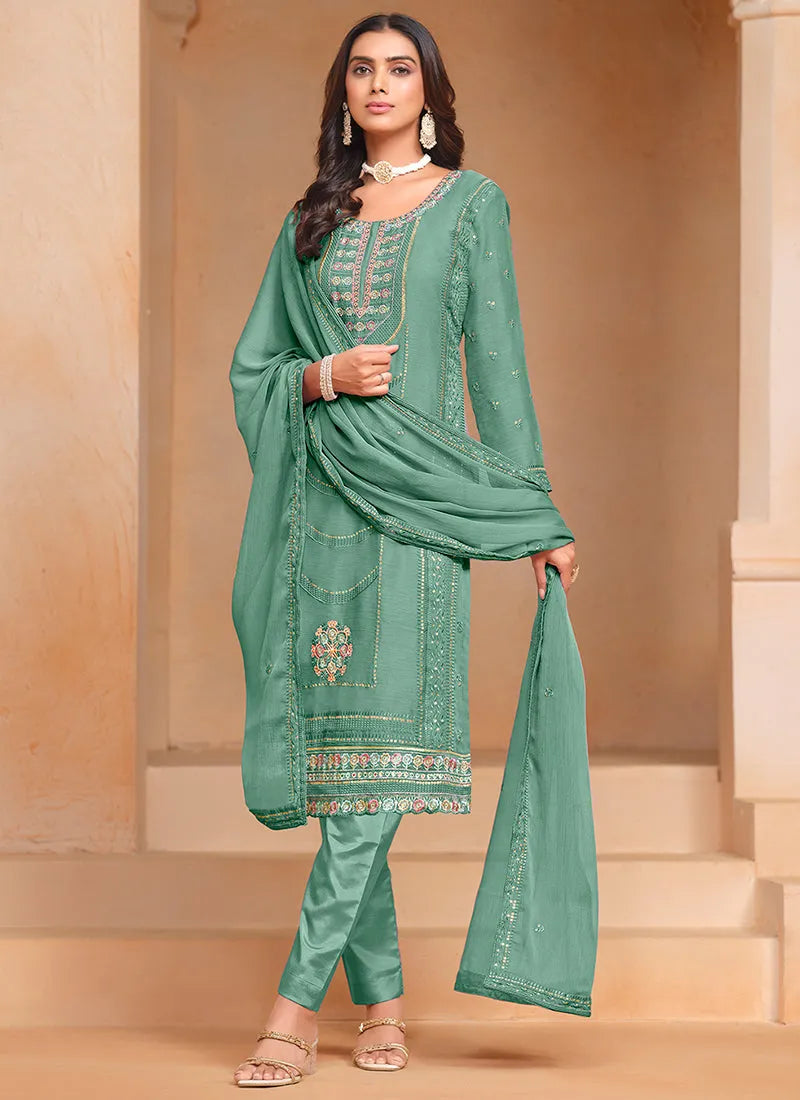 Formidable Green Multi Embroidered Salwar Suit Low Shipping Cheap Pice