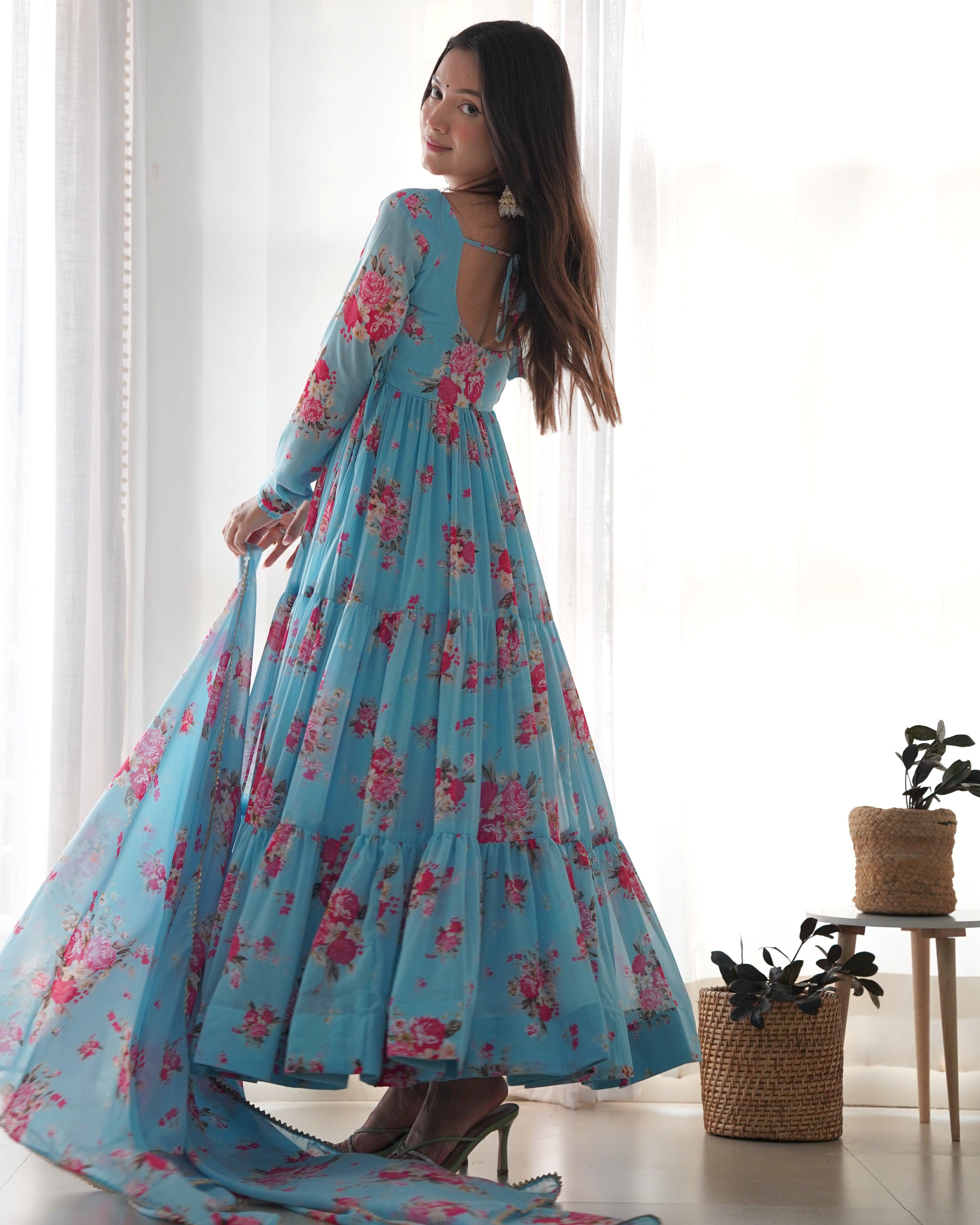 Sky Blue Pure Faux Georgette Floral Printed Ruffle Anarkali Pant Suit Cheap Sale New Arrival