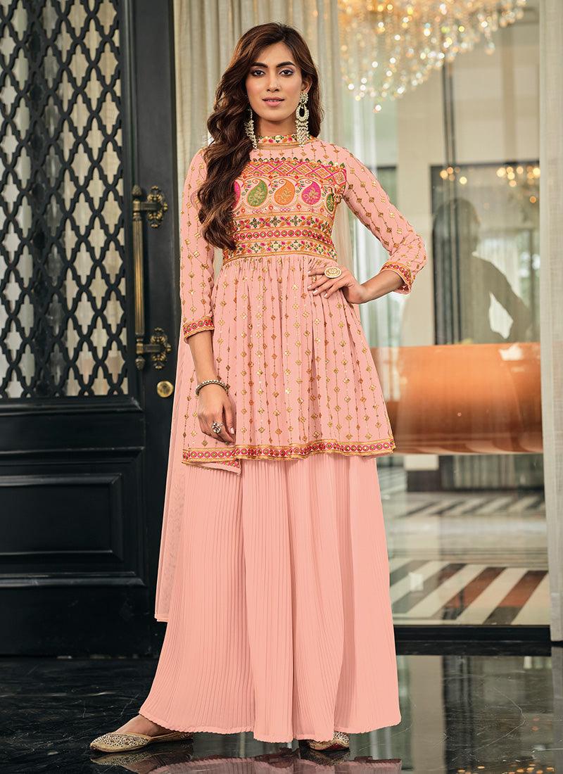 Boat Neckline Peach Crushed Palazzo Suit Sale Cheapest Pice