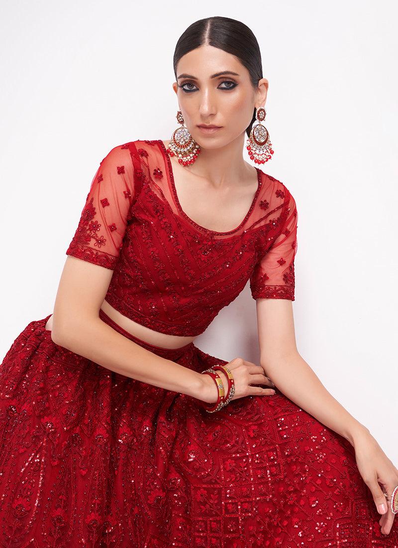 Red Color Soft Net Wedding Lehenga Discount Best Pices