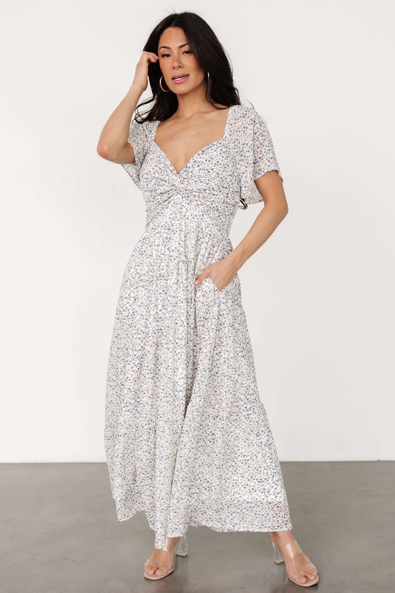 Emiliana Dress | Ivory + Blue Floral Cheap Sale Brand New Unisex