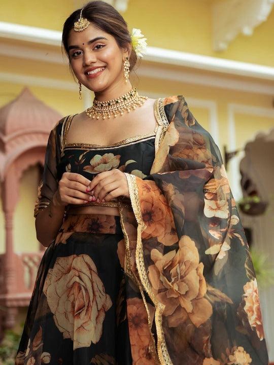 Black Organza printed Floral lehenga choli Cheap Fashion Style