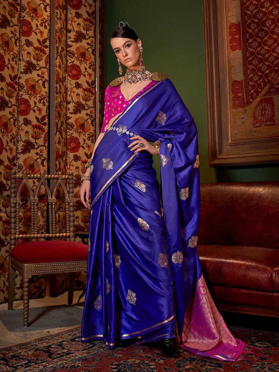 Dark Blue Pure Satin Silk Designer Saree On Hot Sale