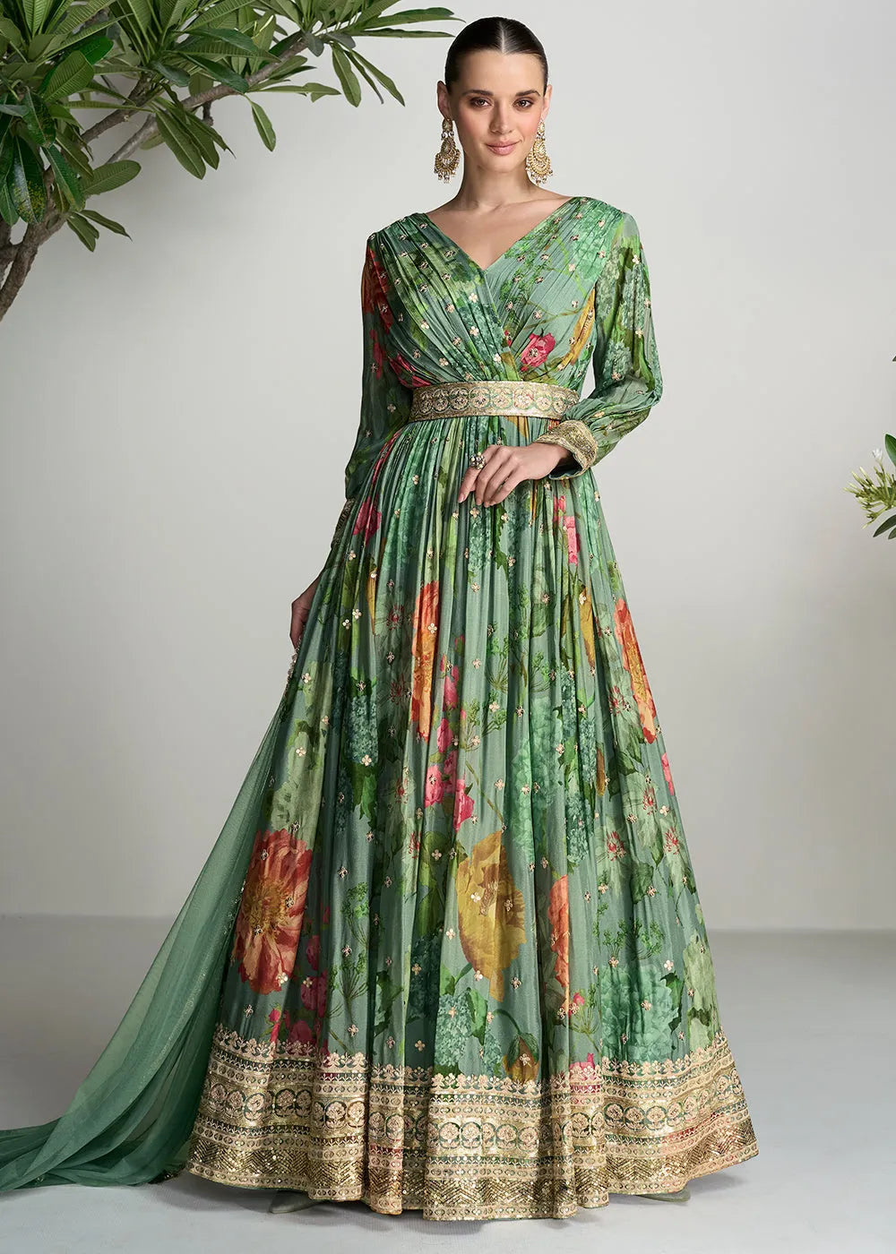 Elegant  Green Digital Floral Printed  Chinon Anarkali Gown With Dupatta Cheapest Online