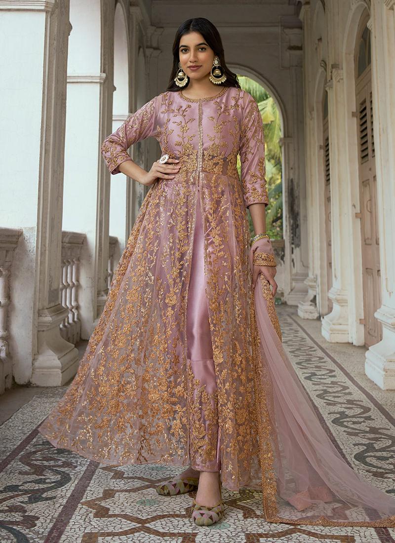 Resham Work Pink Soft Net Slit Cut Suit Sale With Paypal