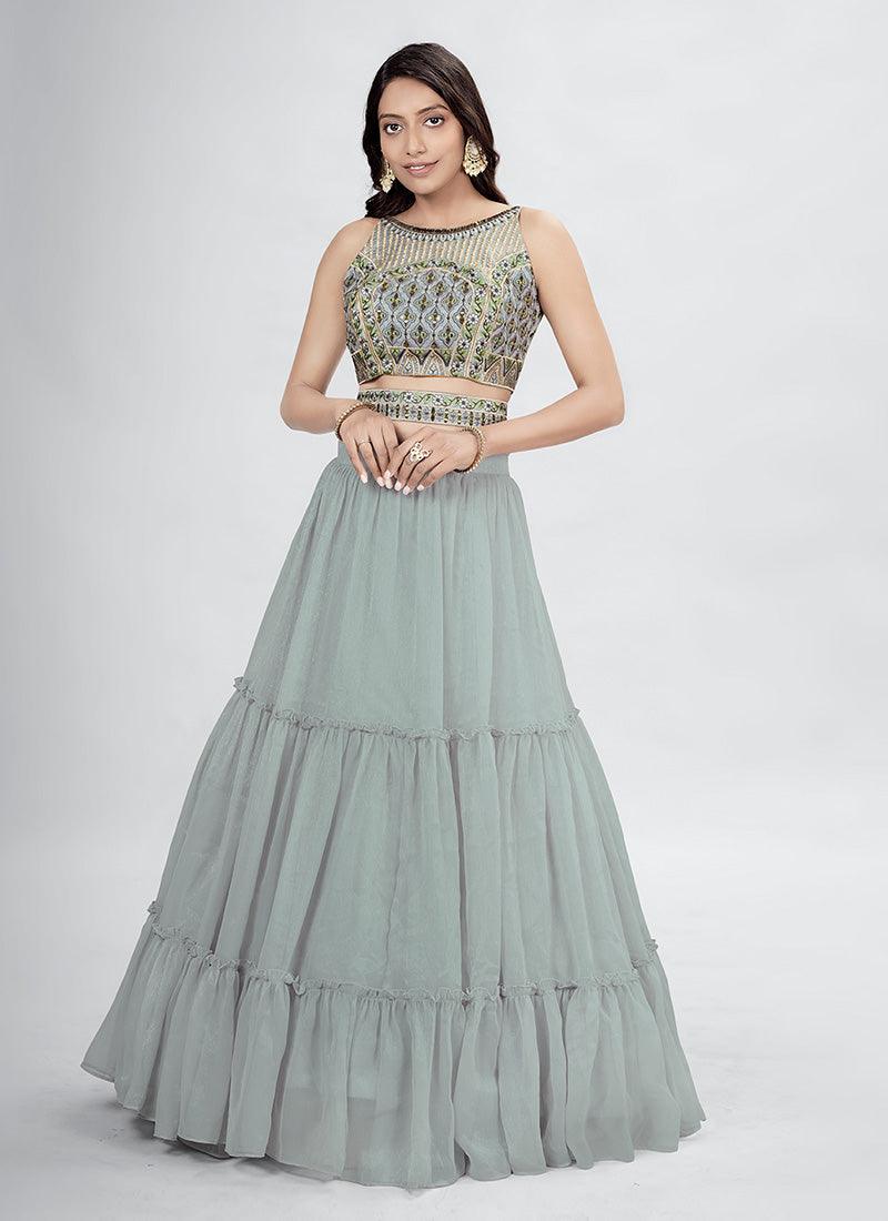 Sleeveless Hand Work Grey Crop Top Lehenga Sast Cheap Pice