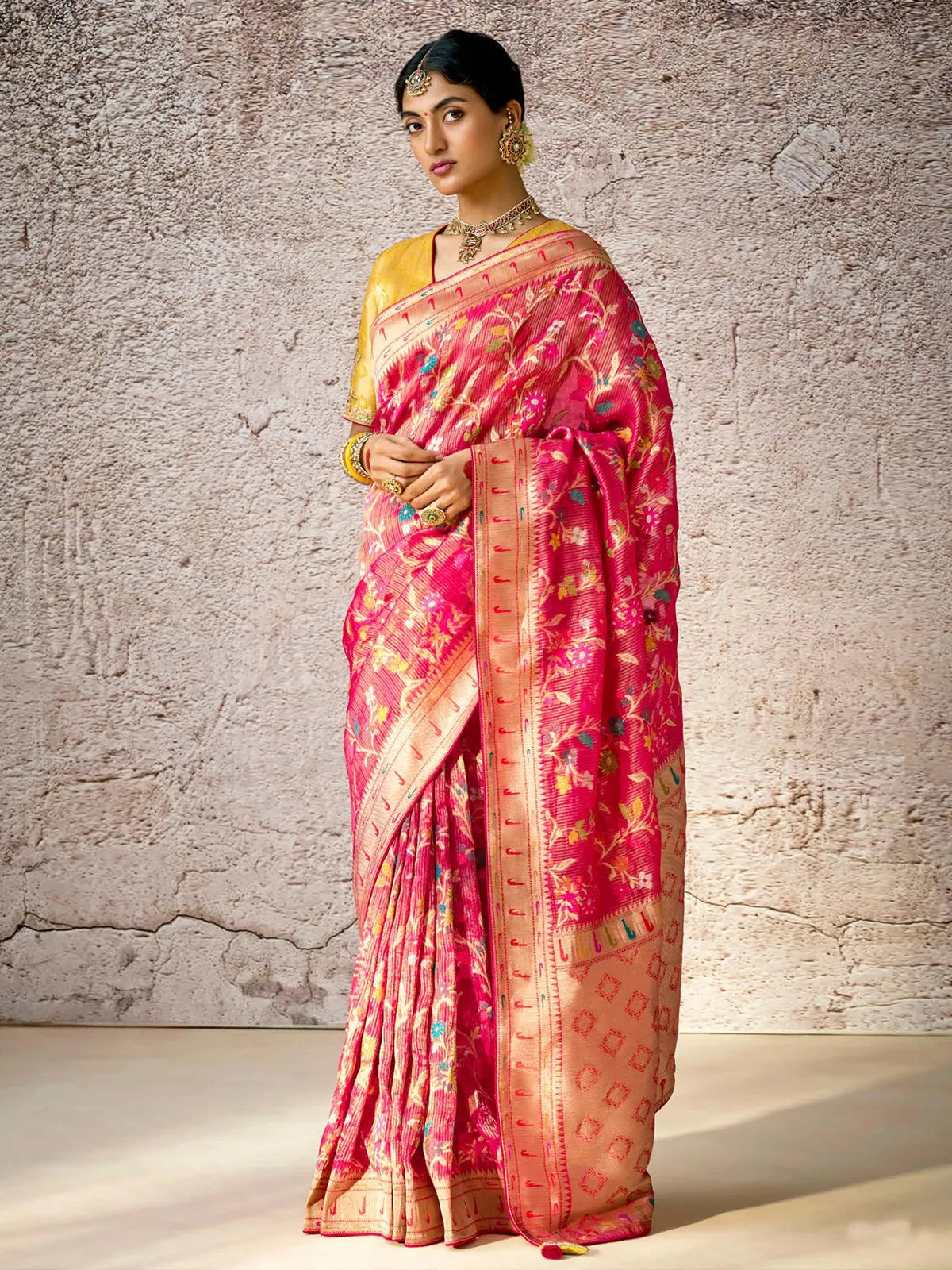 Iconic Red Banarasi Silk Saree Floral Embroidered Free Shipping Outlet Store