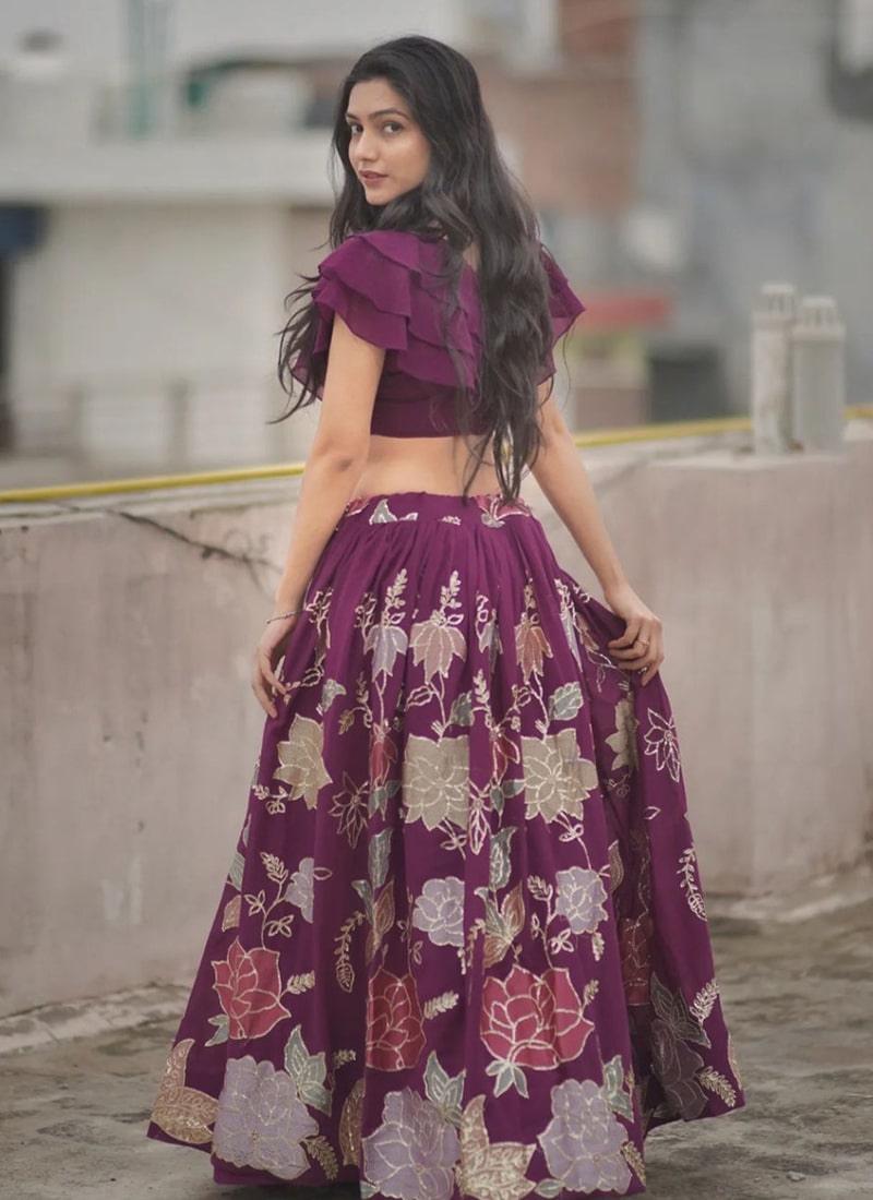 Wine Color Georgette Base Crop Top Lehenga With Sequins Work Online Cheap Pice